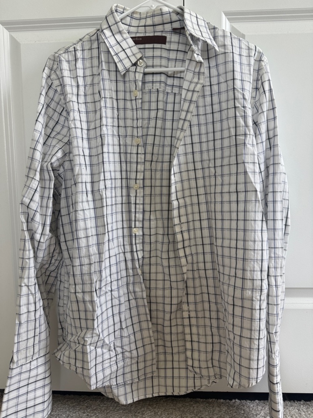 Perry Ellis White Button-Down Shirt with Navy Windowpane Plaid